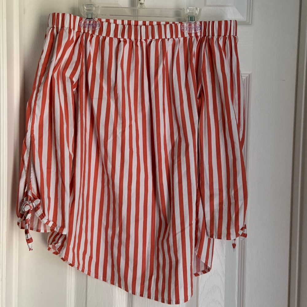 Orange and White Striped Off-the-shoulder shirt with three quarter tie sleeves
